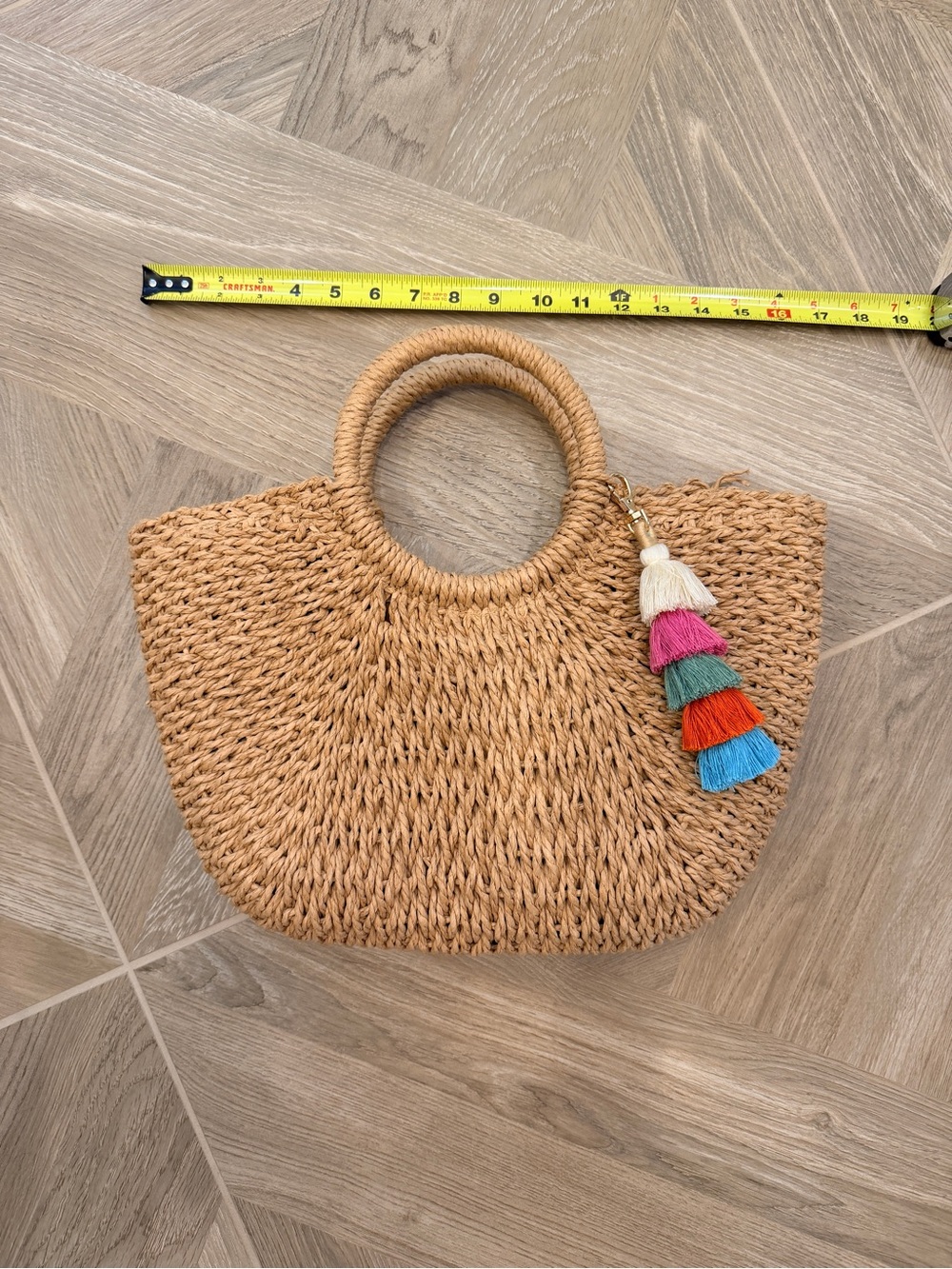 Amazon Natural Straw Circle Handle Tote with Multicolor Tassel